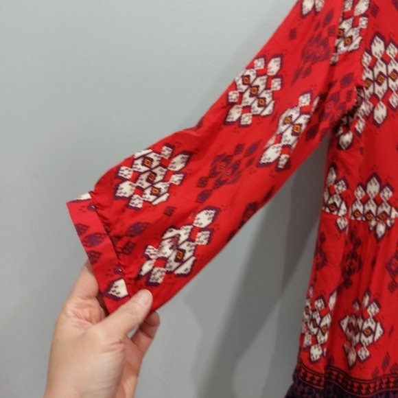 Anthropologie MAEVE Woodland Walk Geometric Aztec Red Button Up Blouse Size 8 - Picture 5 of 9